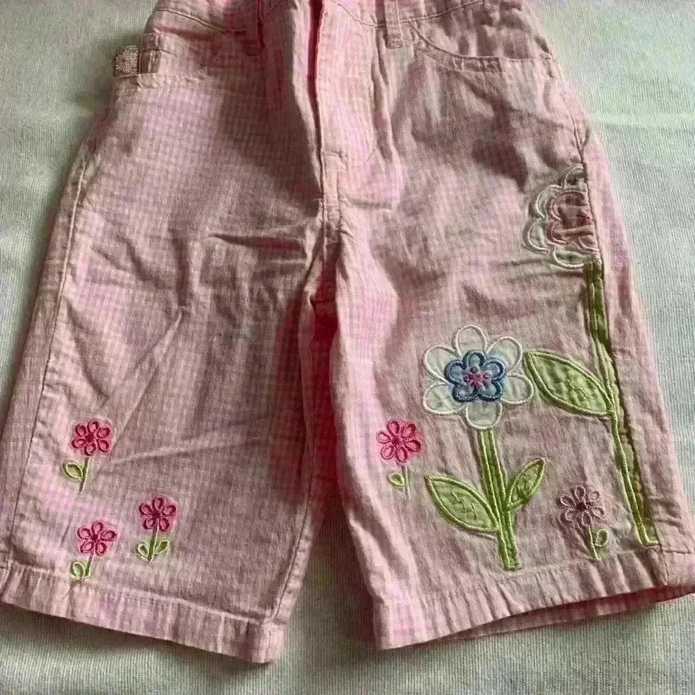 2 pc Cargo Jeans, Elastic Waist & Pink Floral Embroidered Gingham Pants